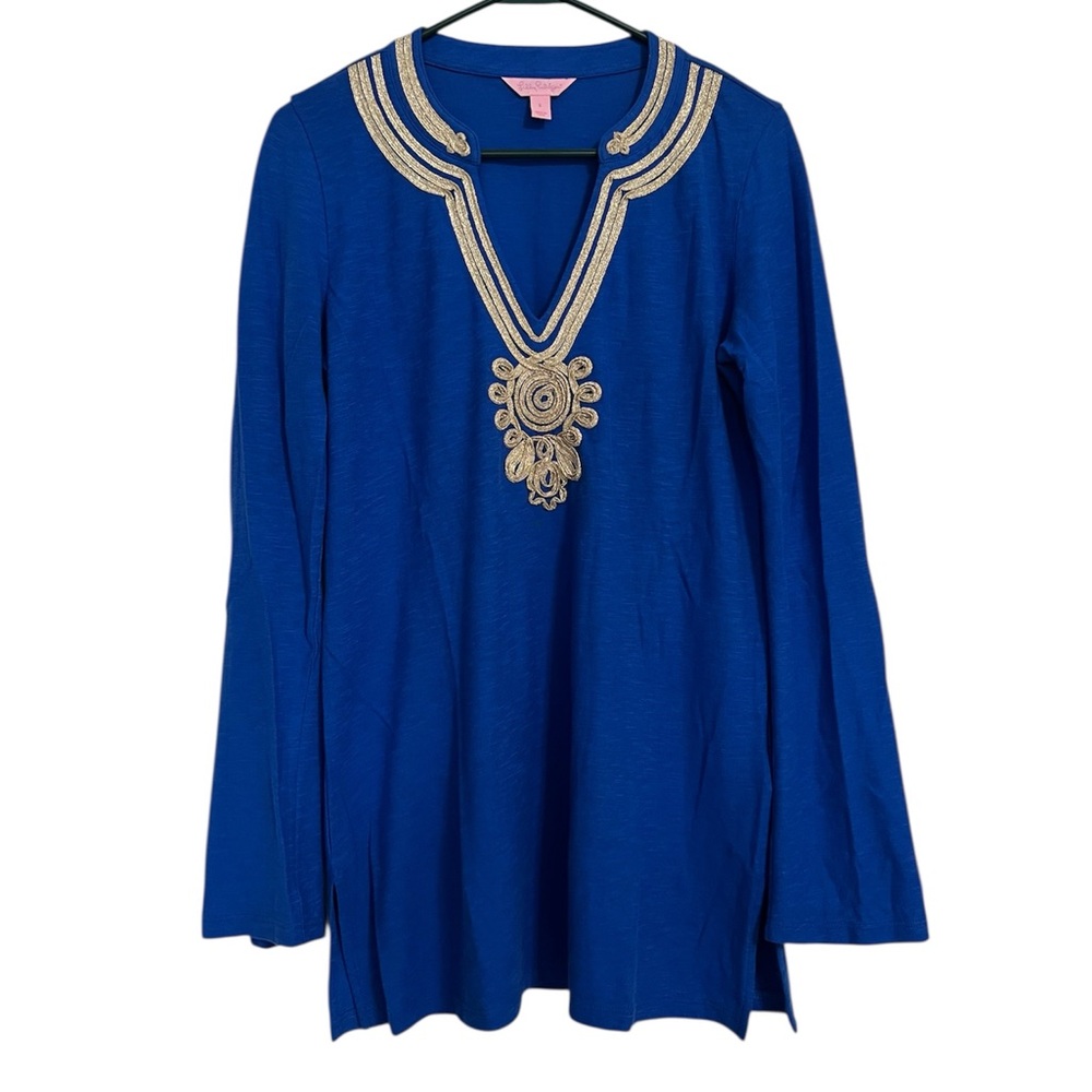 LILLY PULITZER EMERSON TUNIC in Royal Blue w metallic gold embroidery size SMALL